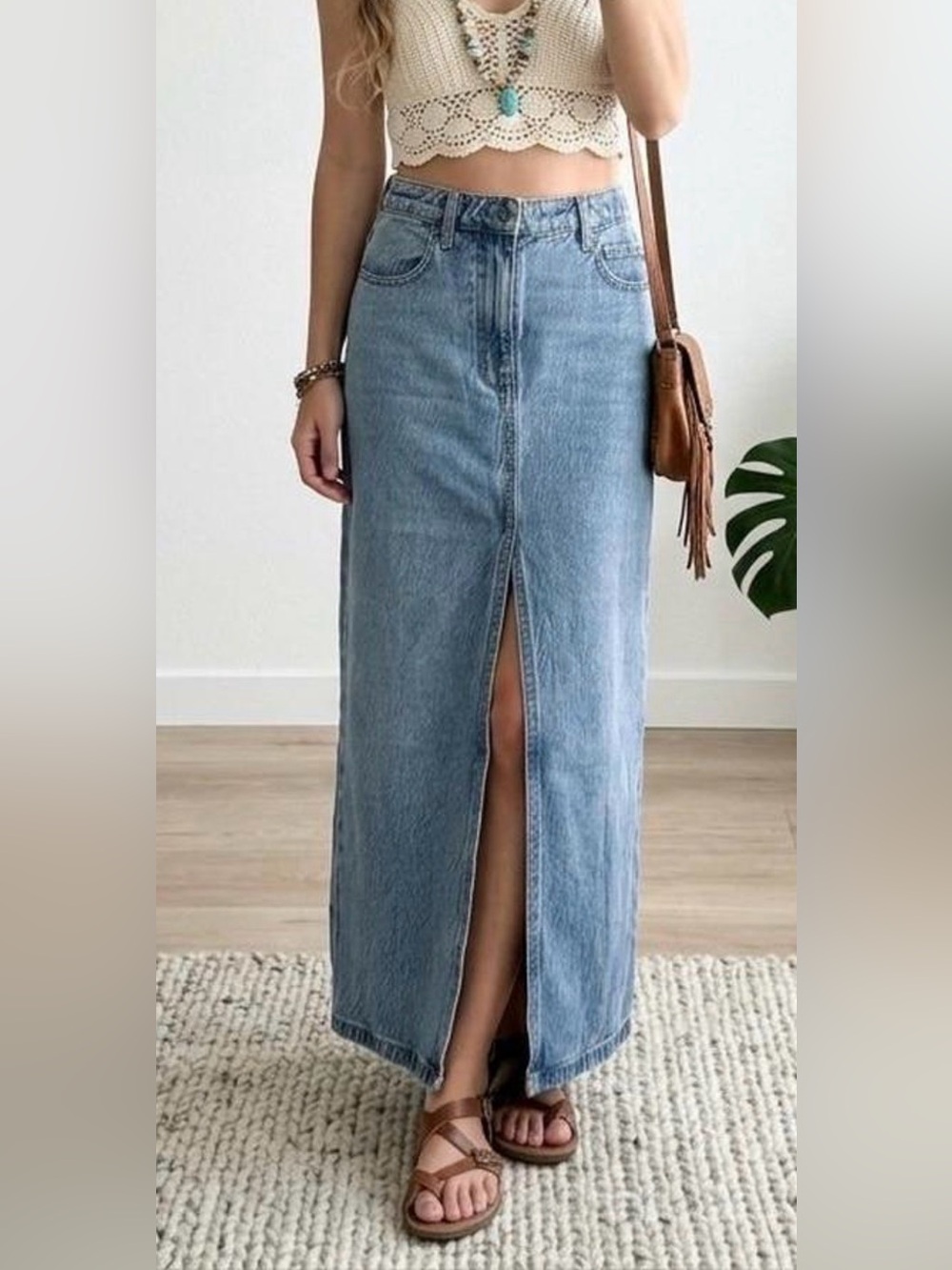 We The Free Nothing Better Denim Maxi Skirt with Front Slit Free People